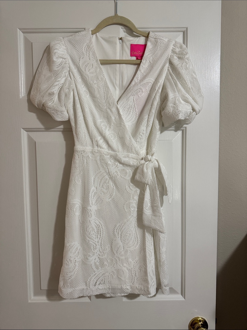 Lilly Pulitzer White Lace Puff Sleeve Wrap Mini Dress